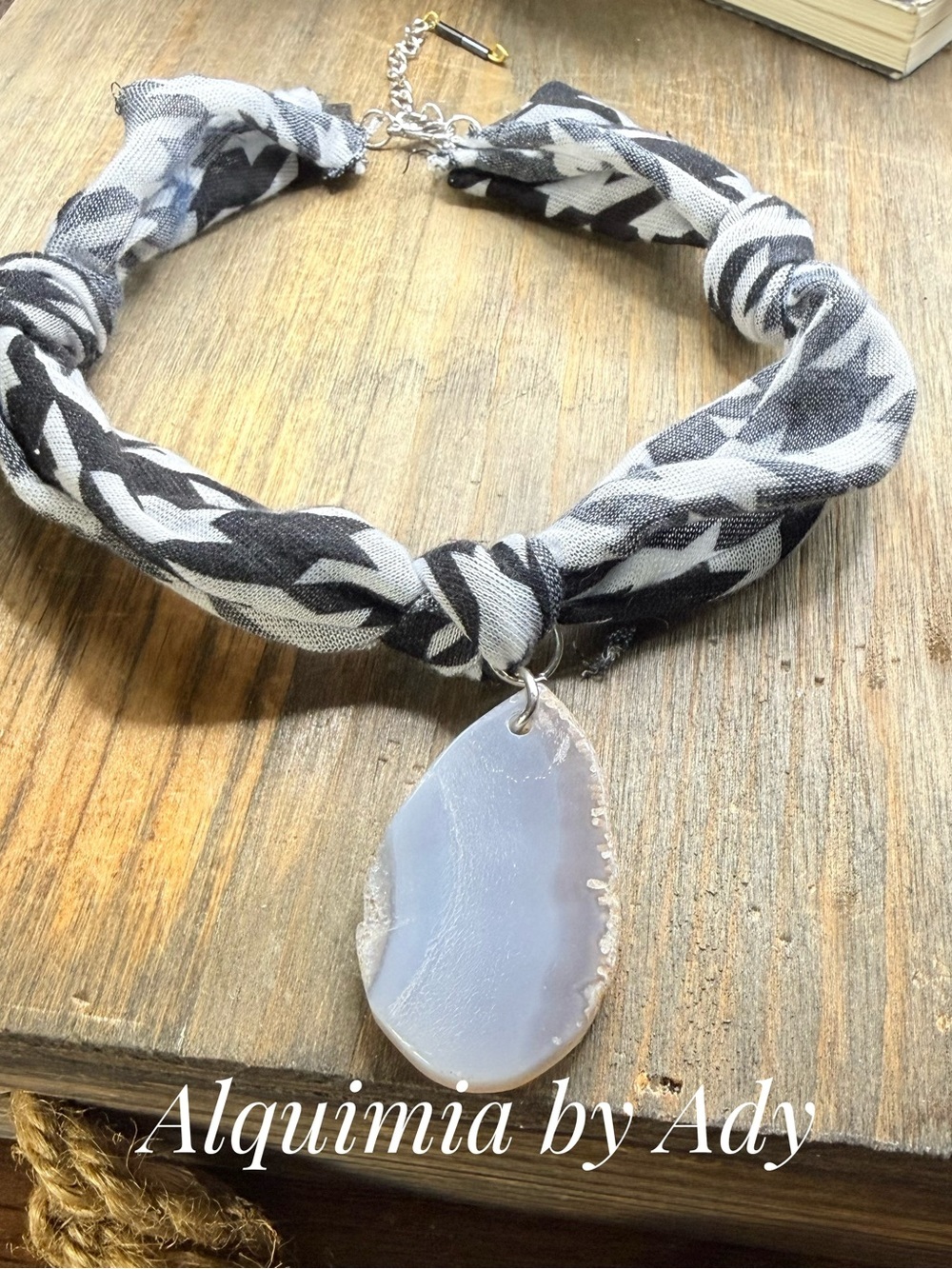 Black and White Scarf Necklace with monumental raw Agate Pendant
